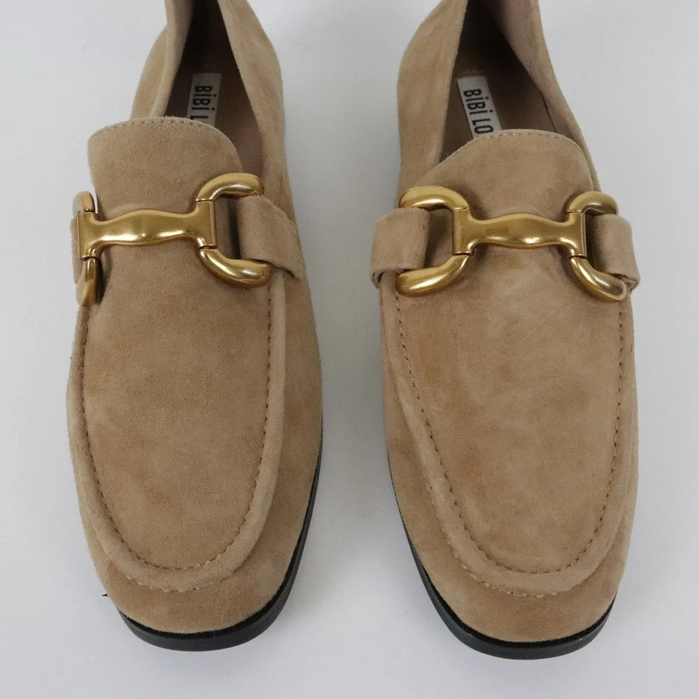 Anthropologie Bibi Lou Zagreb Suede Loafers 39 8 Tan Suede Horsebit Gold Buckle